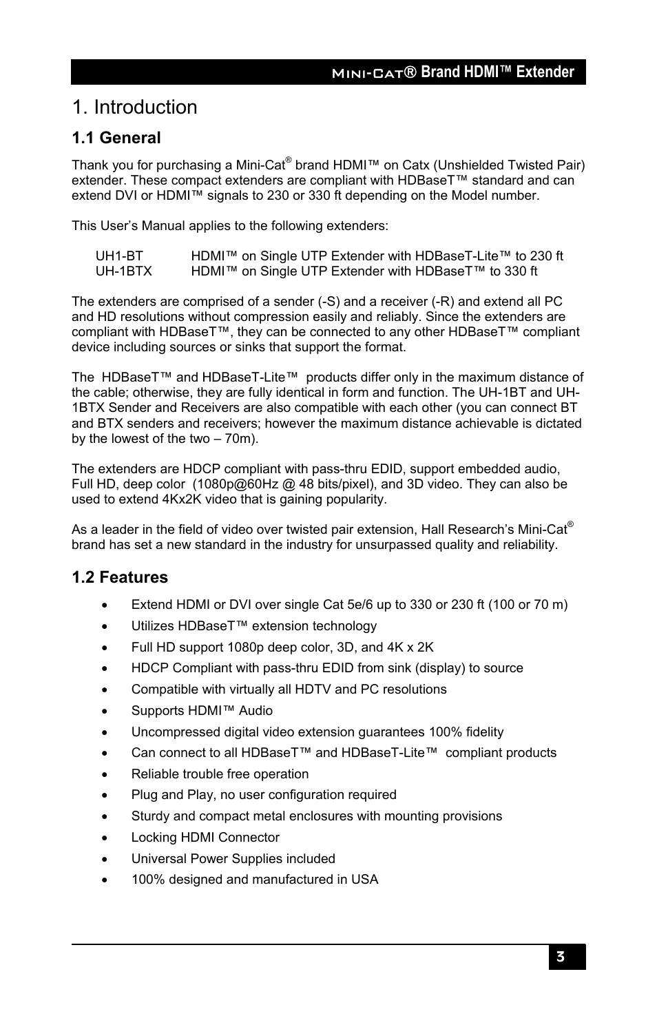 Introduction, 1 general, 2 features | Mini-cat® brand hdmi™ extender | Hall Research UH-1BTX-S User Manual | Page 5 / 12
