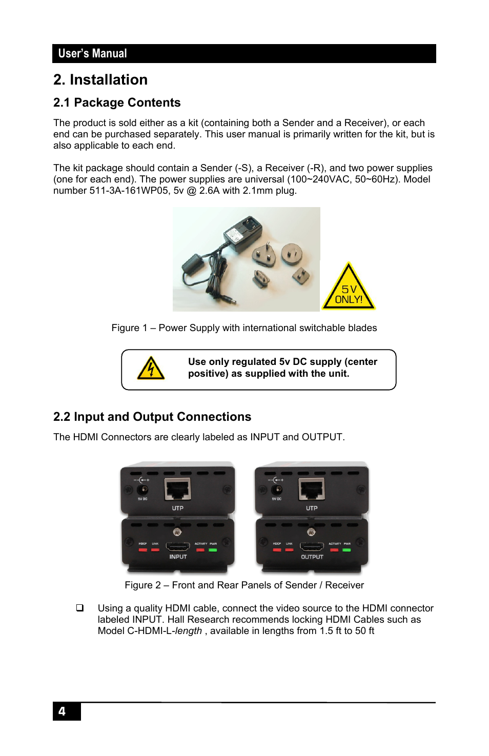 Installation, 1 package contents, 2 input and output connections | Hall Research UH-1BTX-S User Manual | Page 6 / 12