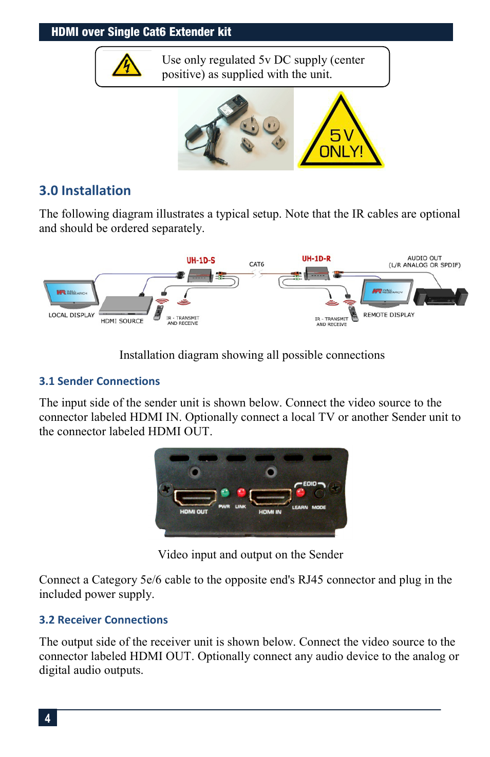 0 installation, 1 sender connections, 2 receiver connections | Hall Research UH-1D User Manual | Page 4 / 8