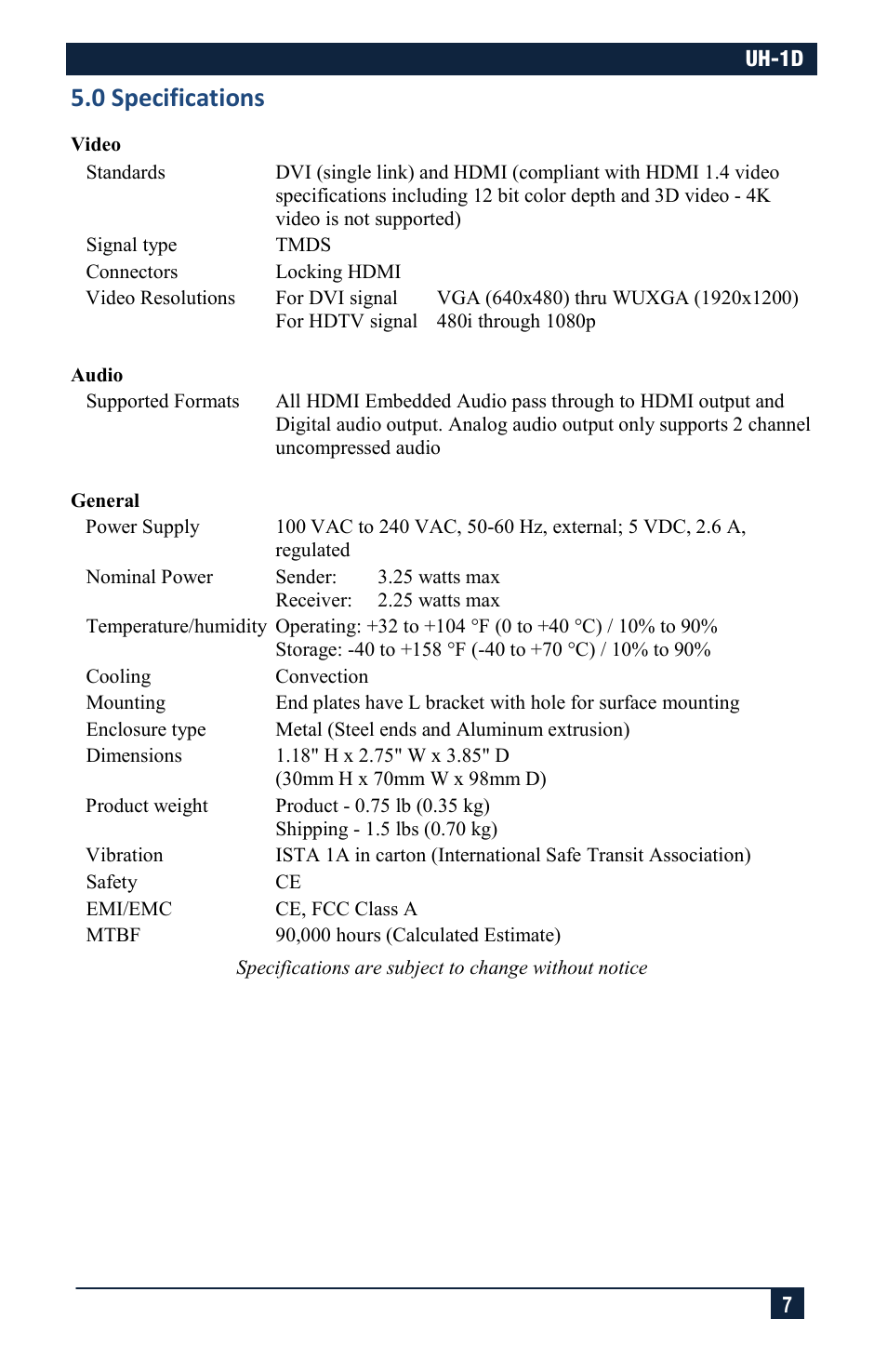 0 specifications | Hall Research UH-1D User Manual | Page 7 / 8