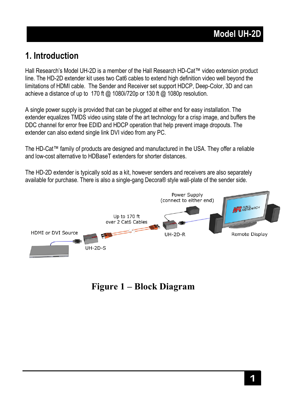 Introduction, Model uh-2d 1 1. introduction, Figure 1 – block diagram | Hall Research UH-2D-S-DP User Manual | Page 3 / 8