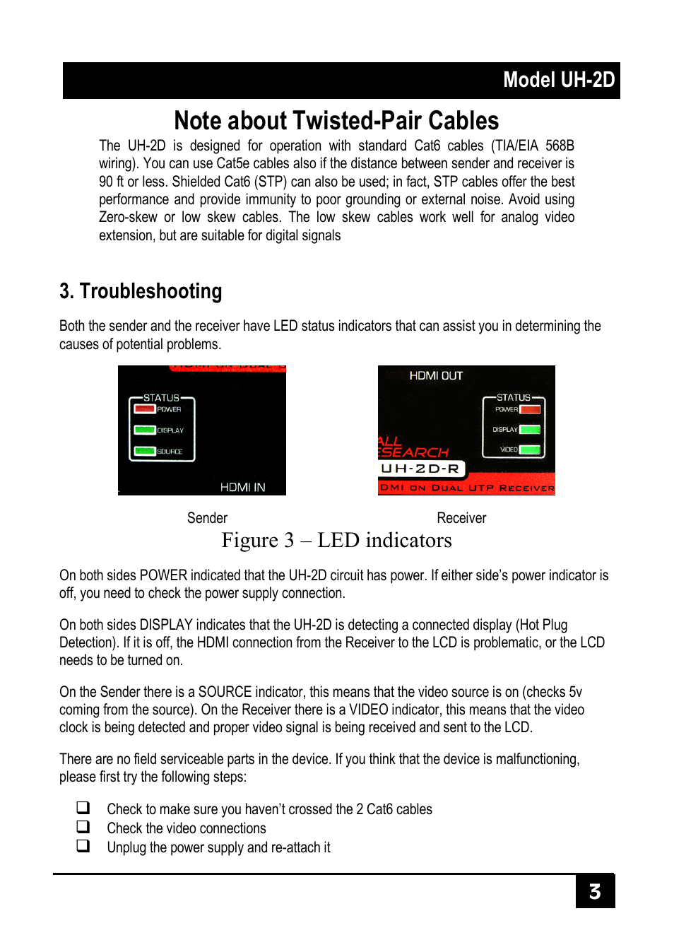 Troubleshooting, Model uh-2d 3, Figure 3 – led indicators | Hall Research UH-2D-S-DP User Manual | Page 5 / 8