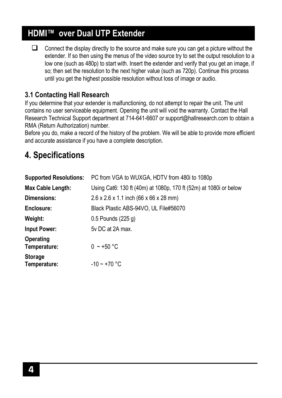 Specifications, 4 hdmi™ over dual utp extender | Hall Research UH-2D-S-DP User Manual | Page 6 / 8