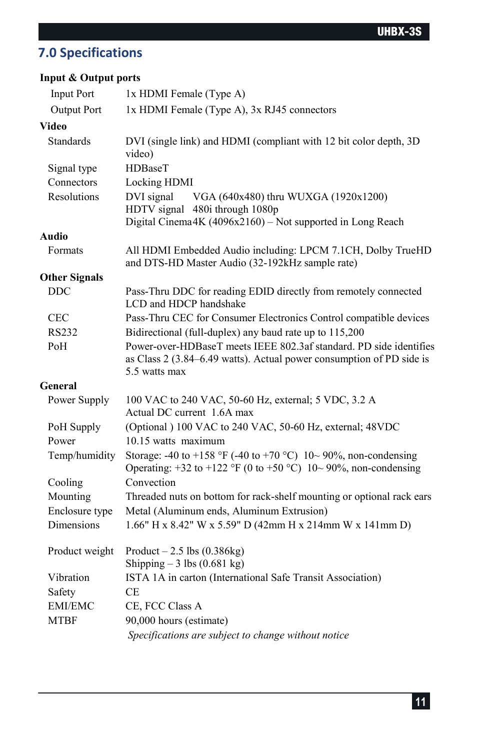 0 specifications | Hall Research UHBX-3S User Manual | Page 11 / 12