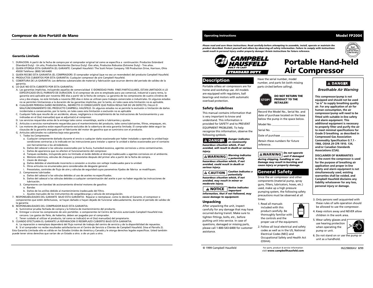 Campbell Hausfeld FP2004 User Manual | 6 pages