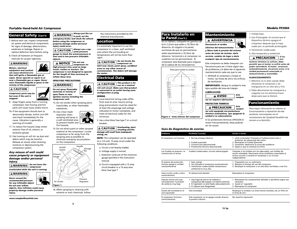 Mantenimiento para instalarlo en la pared, General safety, Electrical data | Location funcionamiento | Campbell Hausfeld FP2004 User Manual | Page 2 / 6