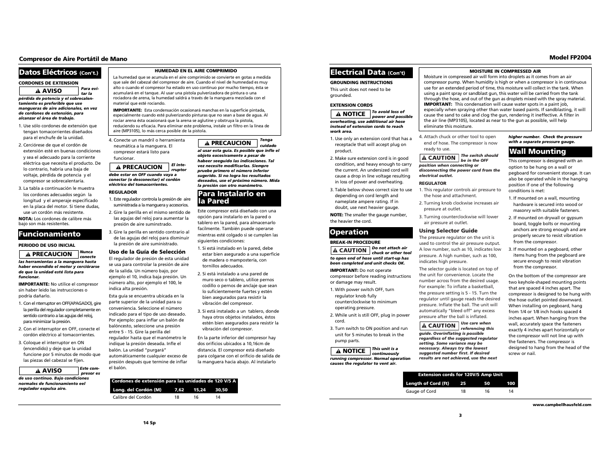 Operation, Electrical data, Funcionamiento | Datos eléctricos, Wall mounting para instalarlo en la pared | Campbell Hausfeld FP2004 User Manual | Page 3 / 6