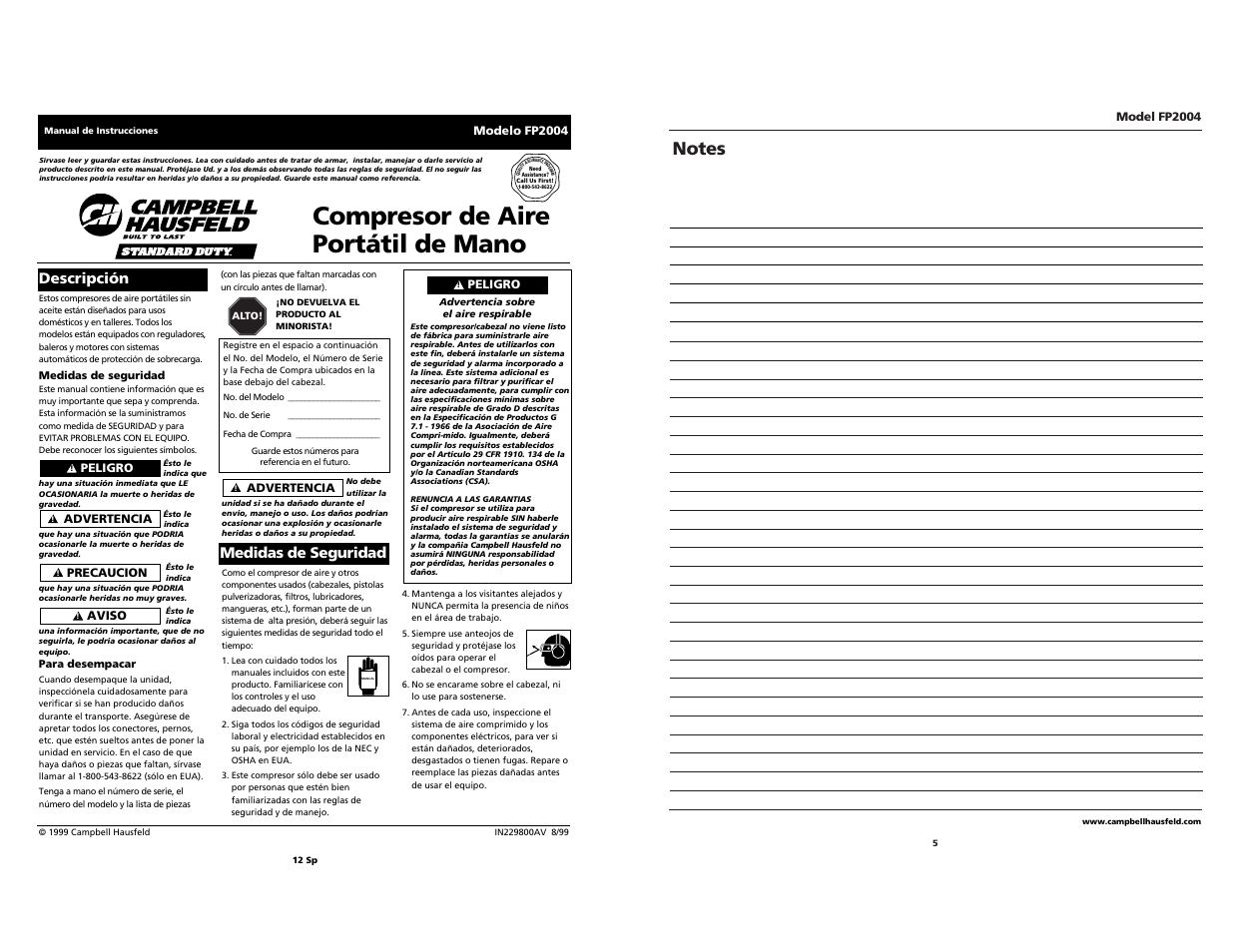 Compresor de aire portátil de mano, Descripción medidas de seguridad | Campbell Hausfeld FP2004 User Manual | Page 5 / 6