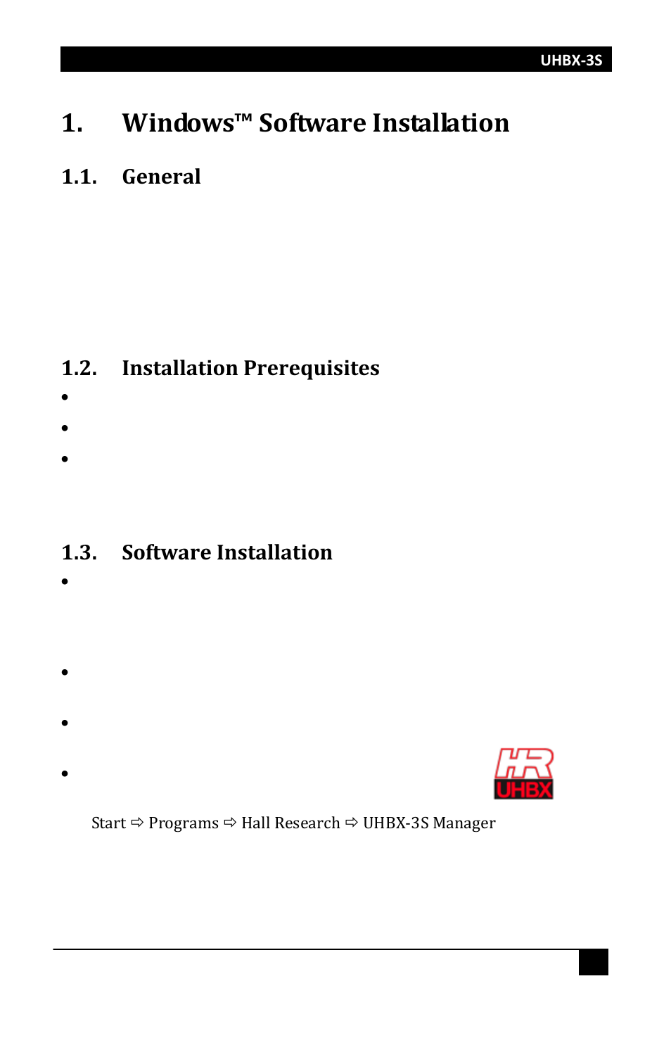 Windows™ software installation, General, Installation prerequisites | Software installation | Hall Research UHBX-3S User Manual | Page 3 / 13