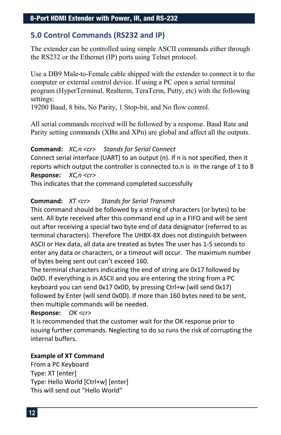 0 control commands (rs232 and ip) | Hall Research UHBX-8X User Manual | Page 12 / 20