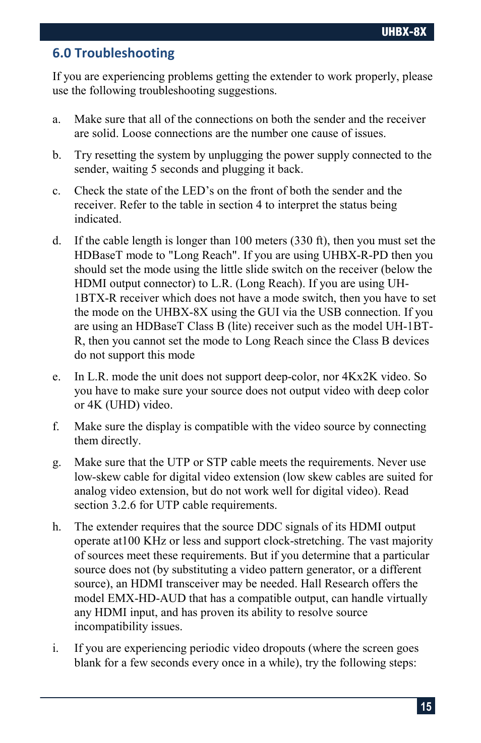 0 troubleshooting | Hall Research UHBX-8X User Manual | Page 15 / 20