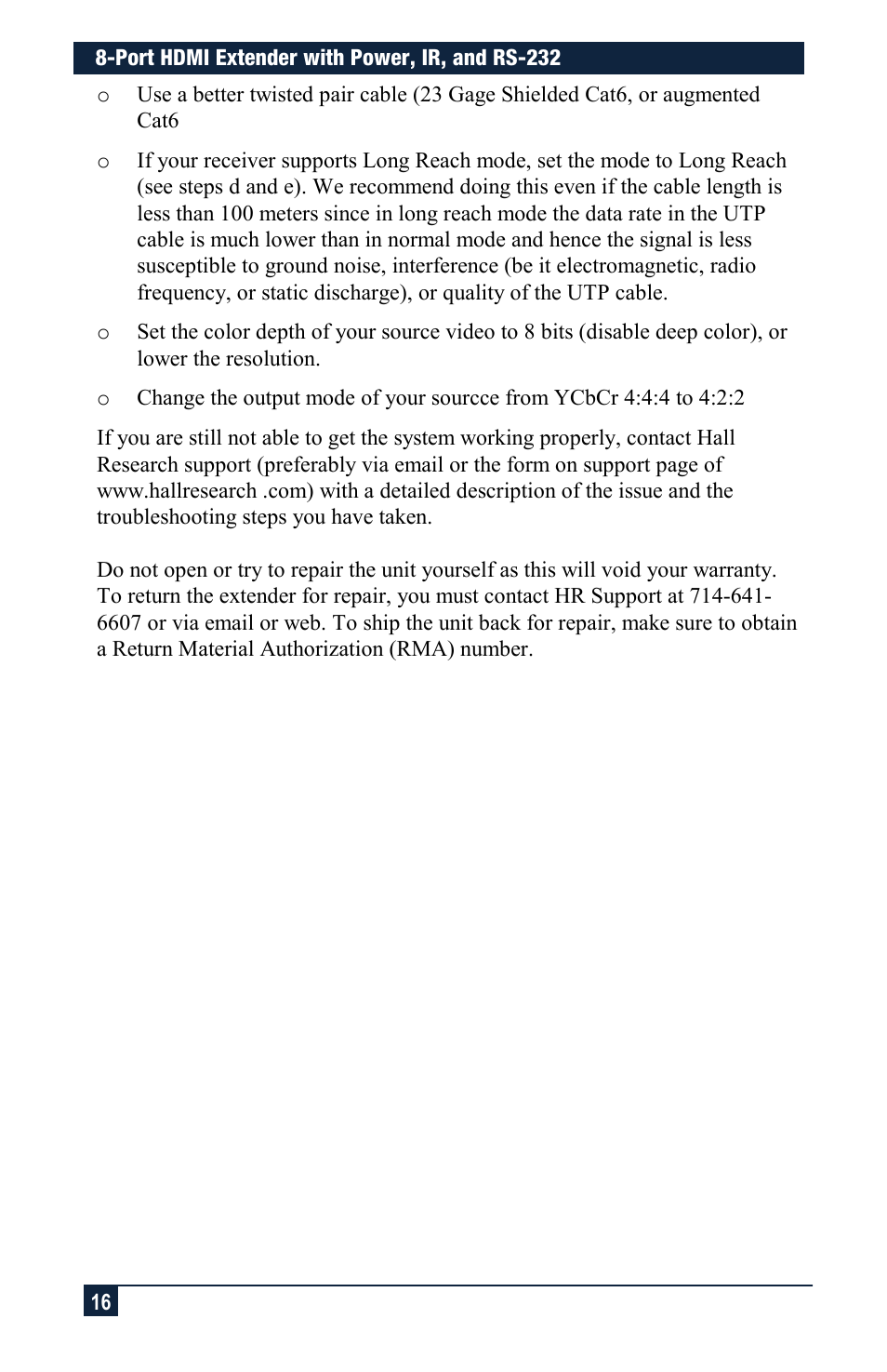 Hall Research UHBX-8X User Manual | Page 16 / 20