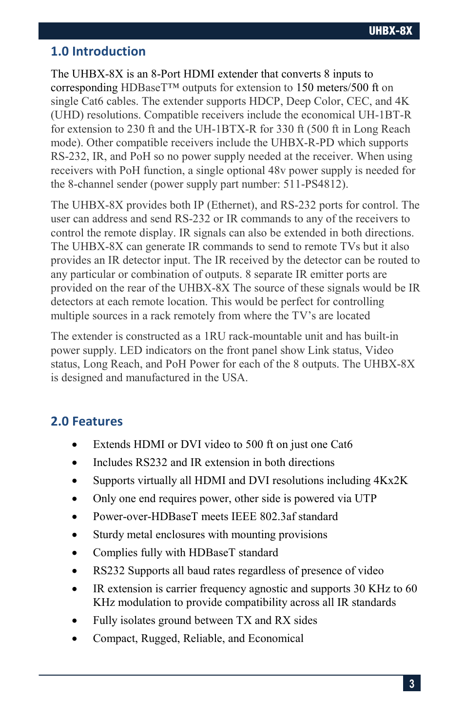 0 introduction, 0 features | Hall Research UHBX-8X User Manual | Page 3 / 20