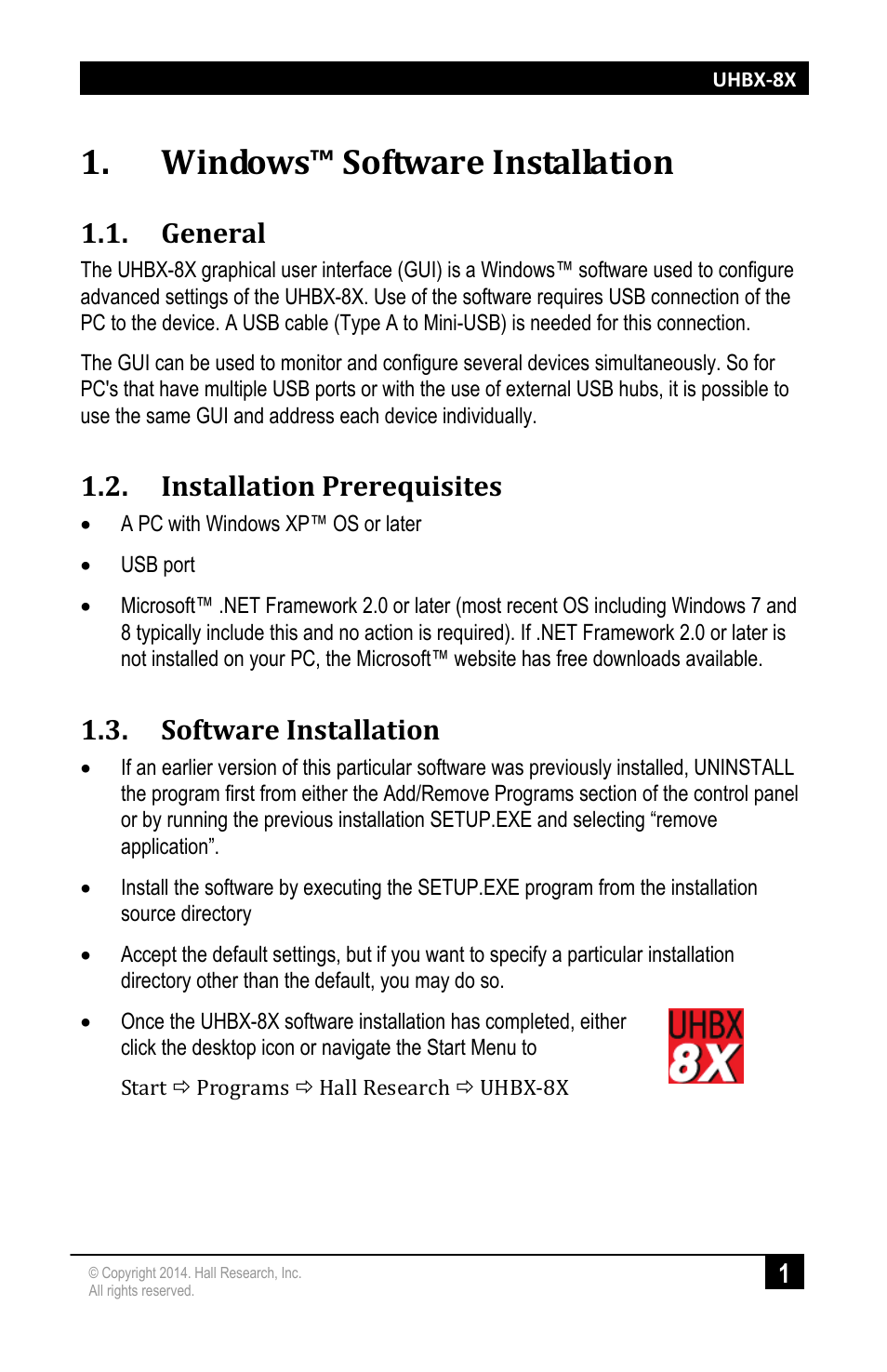 Windows™ software installation, General, Installation prerequisites | Software installation | Hall Research UHBX-8X User Manual | Page 3 / 8