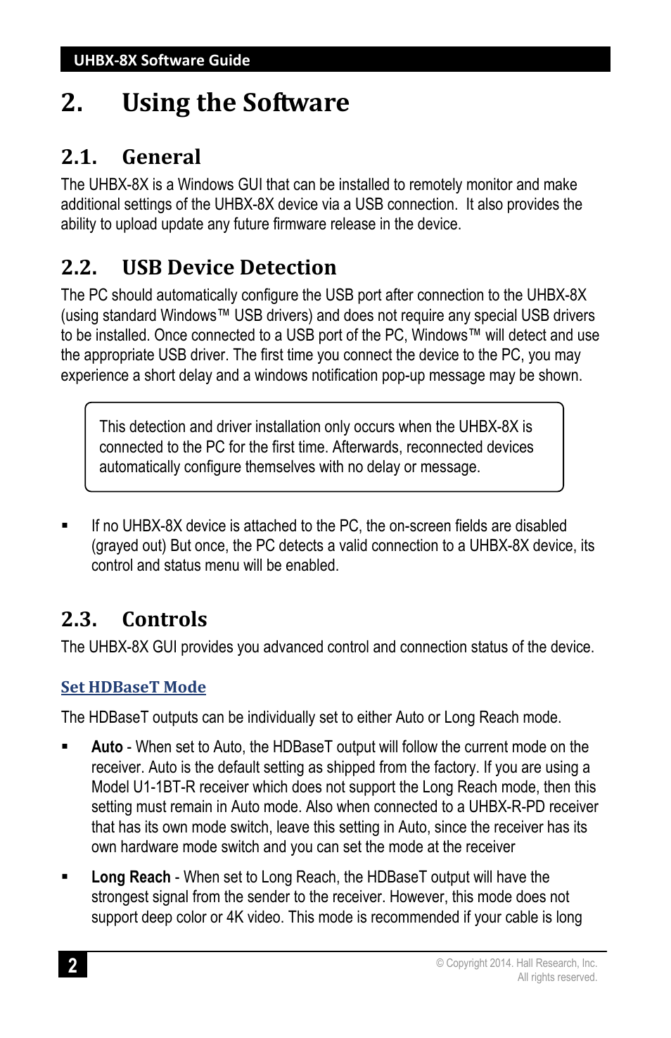 Using the software, General, Usb device detection | Controls | Hall Research UHBX-8X User Manual | Page 4 / 8