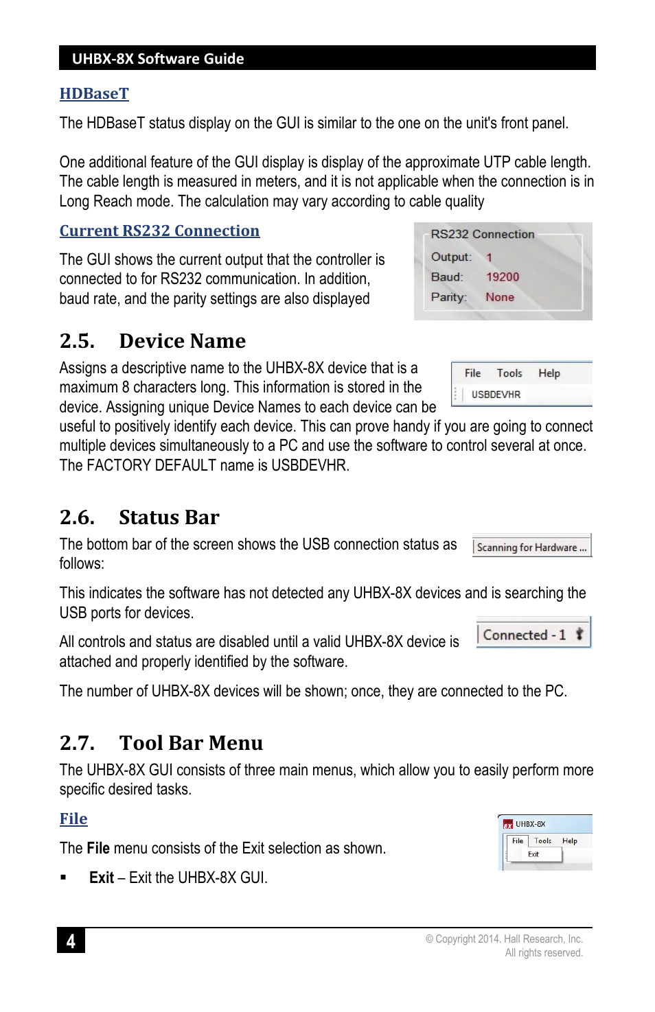 Device name, Status bar, Tool bar menu | Hall Research UHBX-8X User Manual | Page 6 / 8