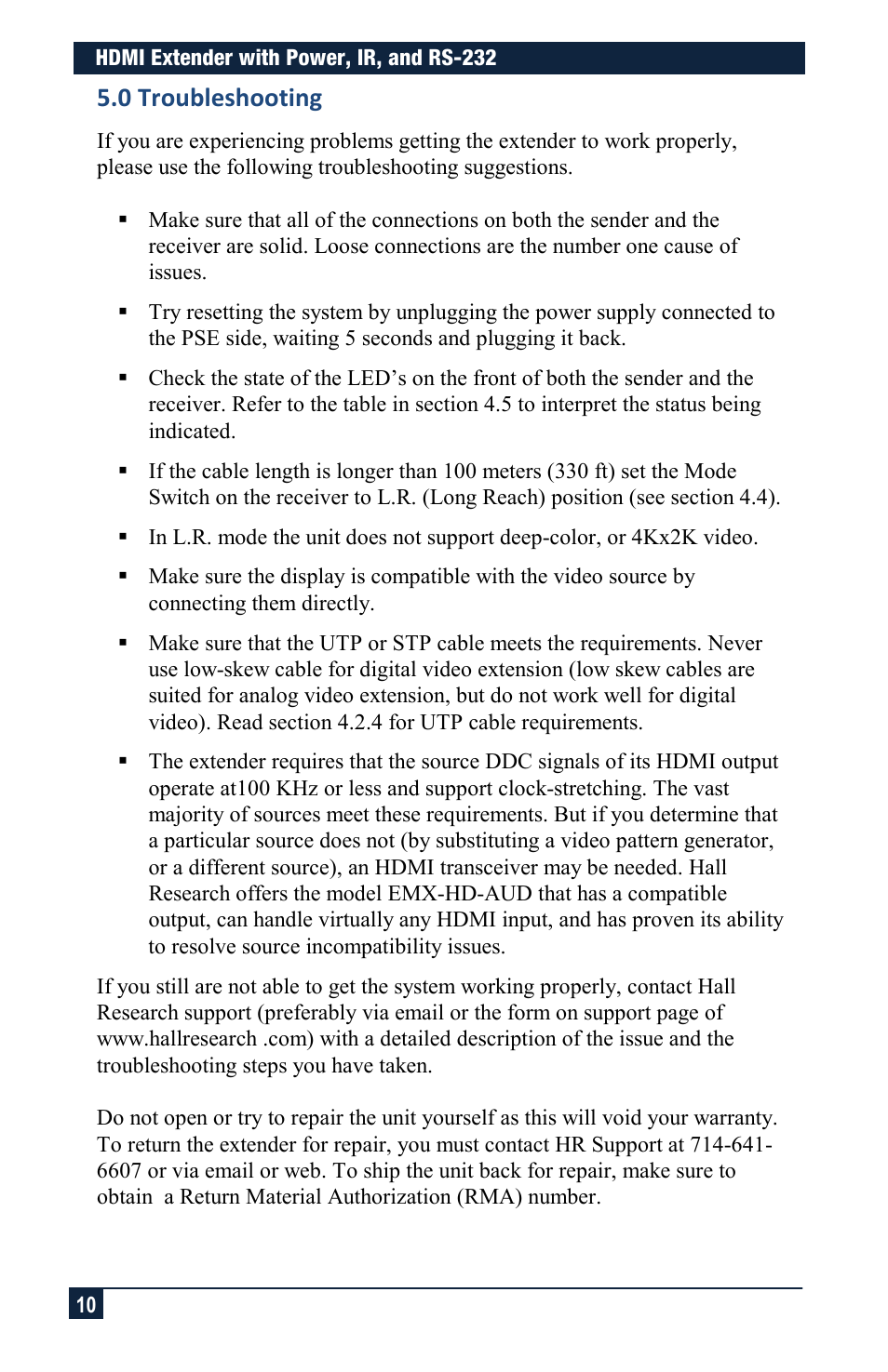 0 troubleshooting | Hall Research UHBX-S-PSE User Manual | Page 10 / 12