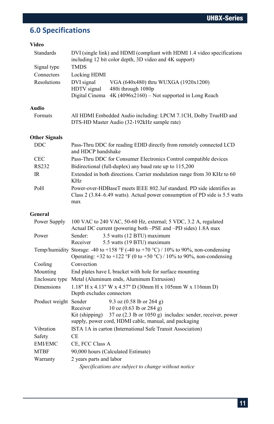 0 specifications, Uhbx-series 11 | Hall Research UHBX-S-PSE User Manual | Page 11 / 12