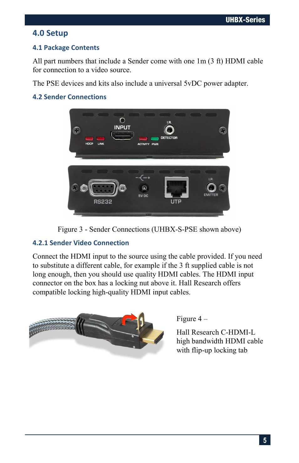 0 setup, 1 package contents, 2 sender connections | Hall Research UHBX-S-PSE User Manual | Page 5 / 12