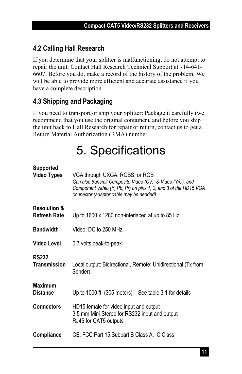 Specifications | Hall Research UV232-8 User Manual | Page 13 / 16