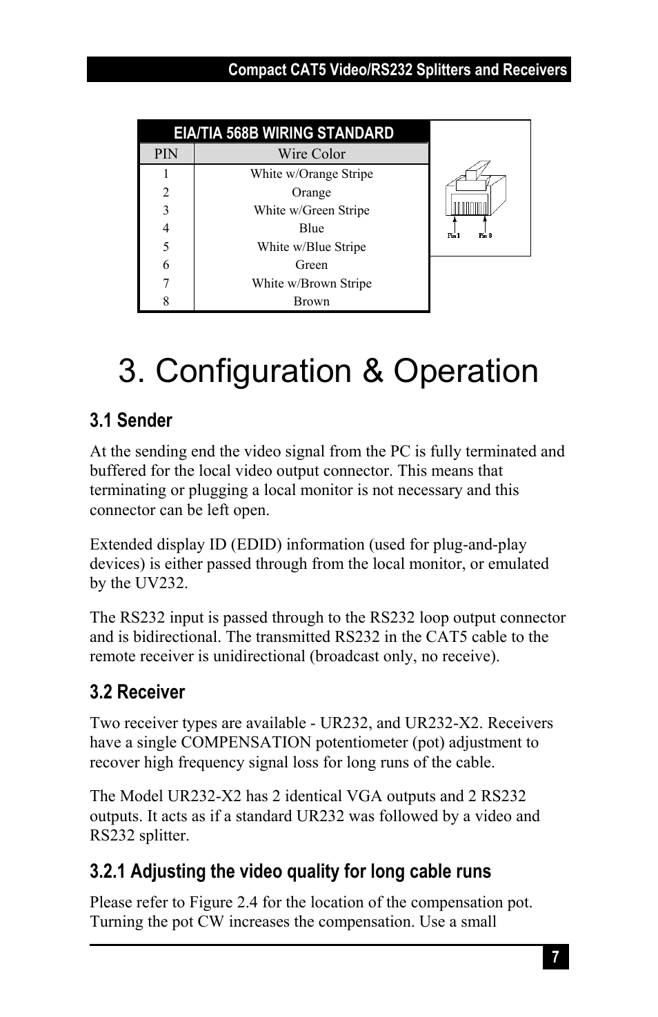 Configuration & operation, 1 sender, 2 receiver | 1 adjusting the video quality for long cable runs | Hall Research UV232-8 User Manual | Page 9 / 16