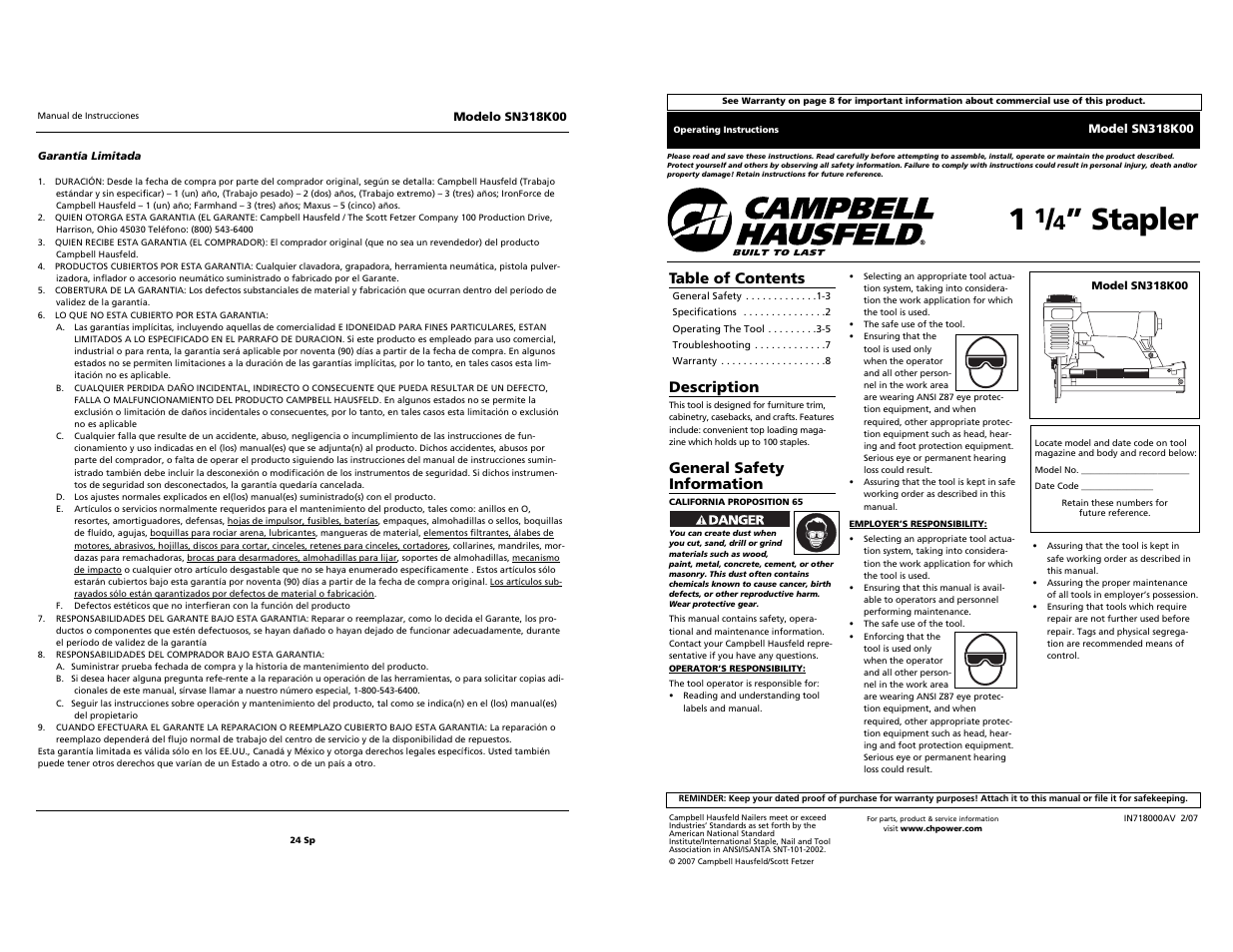 Campbell Hausfeld 24 SP SN318K00 User Manual | 12 pages