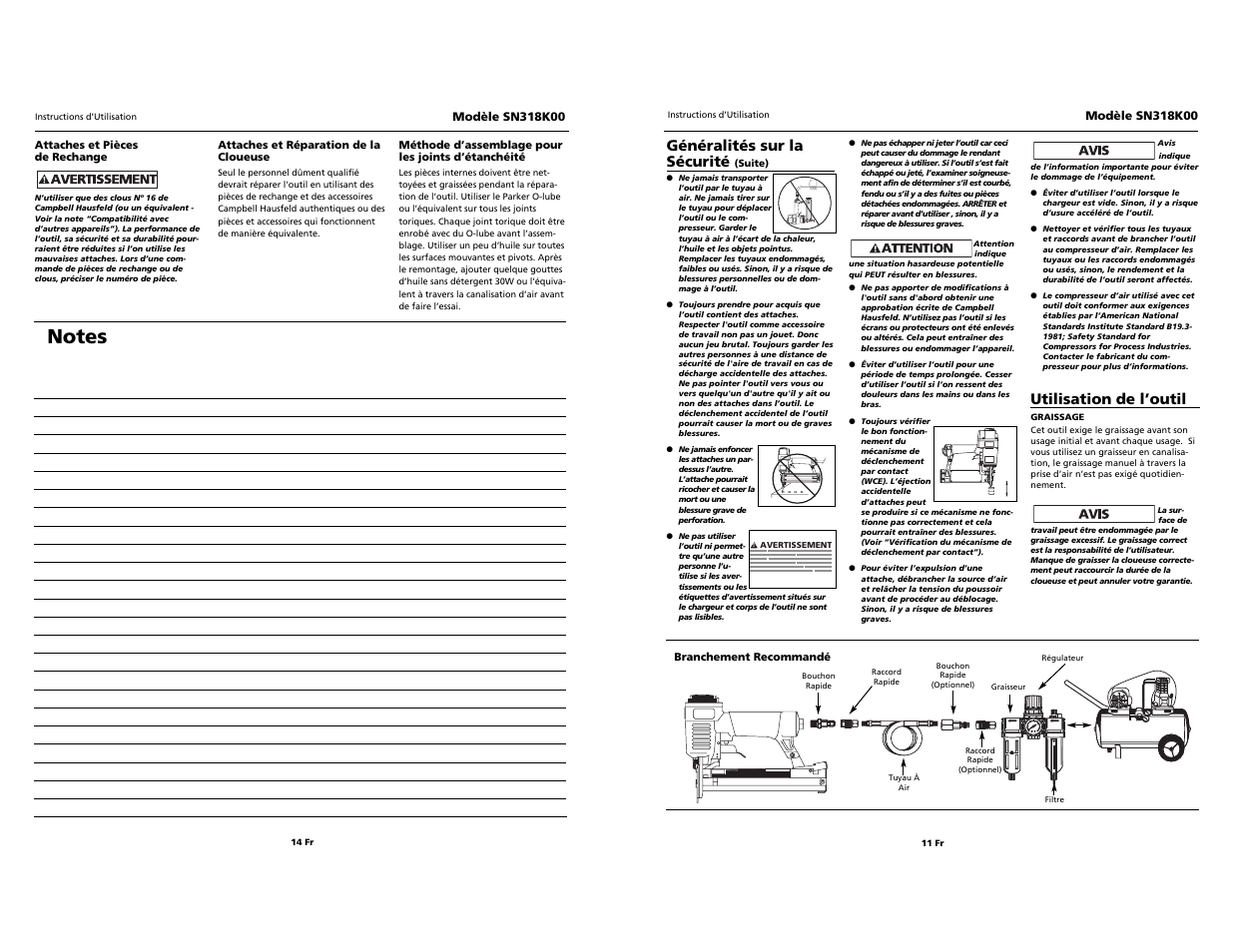 O i l, Généralités sur la sécurité, Utilisation de l’outil | Campbell Hausfeld 24 SP SN318K00 User Manual | Page 11 / 12