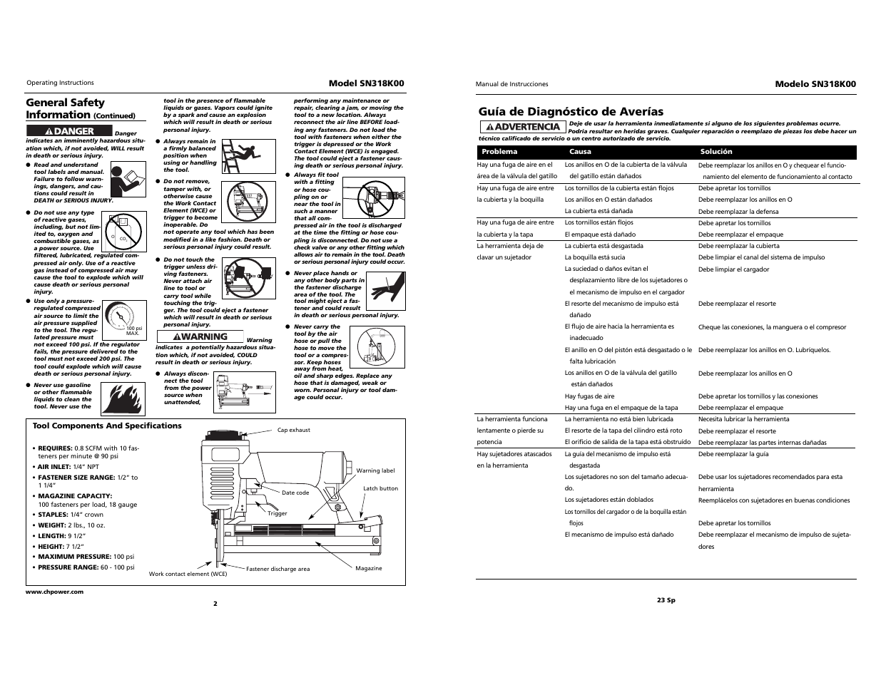 Campbell, Guía de diagnóstico de averías, General safety information | Campbell Hausfeld 24 SP SN318K00 User Manual | Page 2 / 12