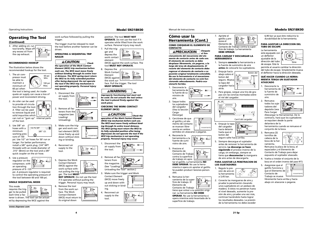 Built to last, Operating the tool, Cómo usar la herramienta (cont.) | Campbell Hausfeld 24 SP SN318K00 User Manual | Page 4 / 12