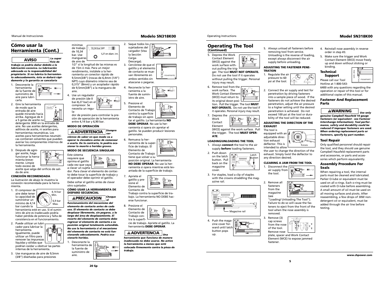 Built to last, Cómo usar la herramienta (cont.), Operating the tool | Campbell Hausfeld 24 SP SN318K00 User Manual | Page 5 / 12