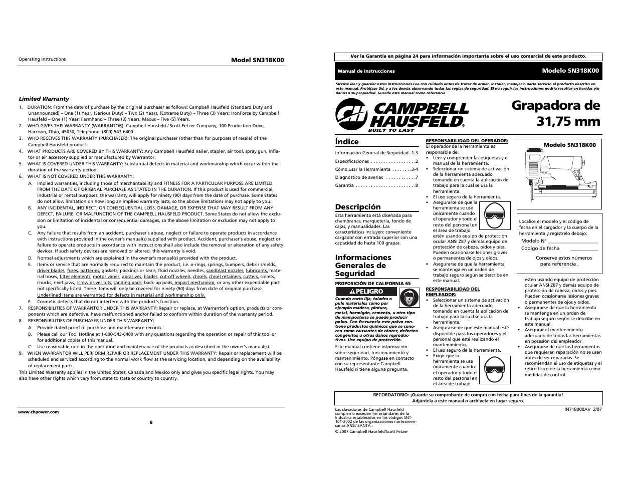 Grapadora de 31,75 mm, Índice, Descripción | Informaciones generales de seguridad | Campbell Hausfeld 24 SP SN318K00 User Manual | Page 8 / 12