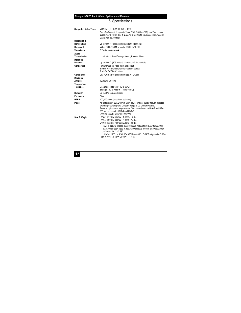 12 5. specifications | Hall Research UVA-24 User Manual | Page 14 / 16