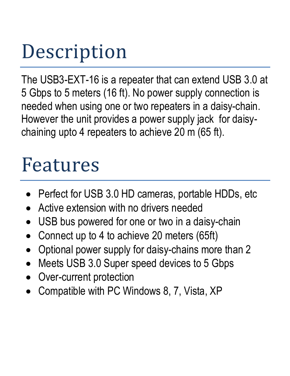 Description, Features | Hall Research USB3-EXT-16 User Manual | Page 2 / 4
