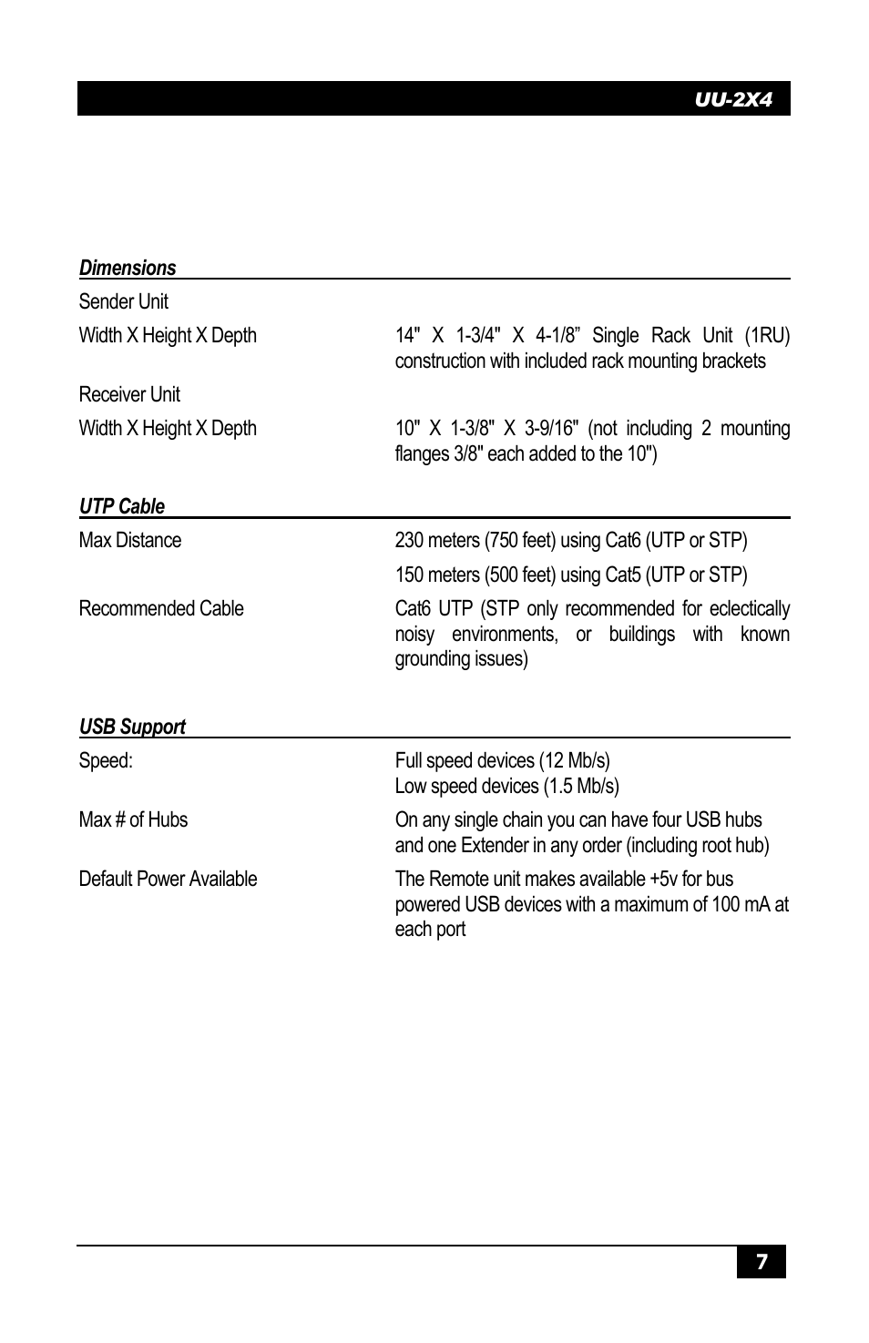 Specifications | Hall Research UU-2X4 User Manual | Page 9 / 12