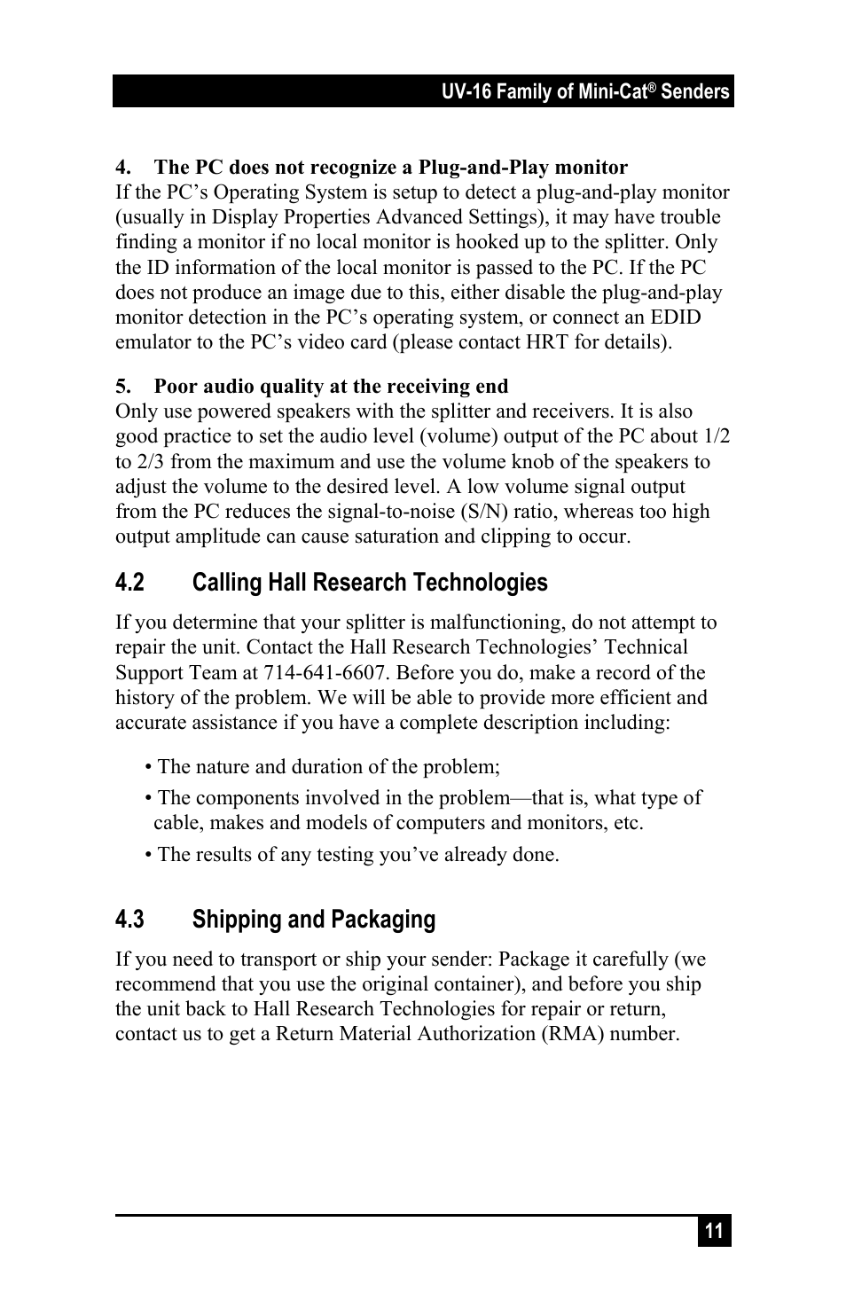 2 calling hall research technologies, 3 shipping and packaging | Hall Research UV232-16X User Manual | Page 13 / 16