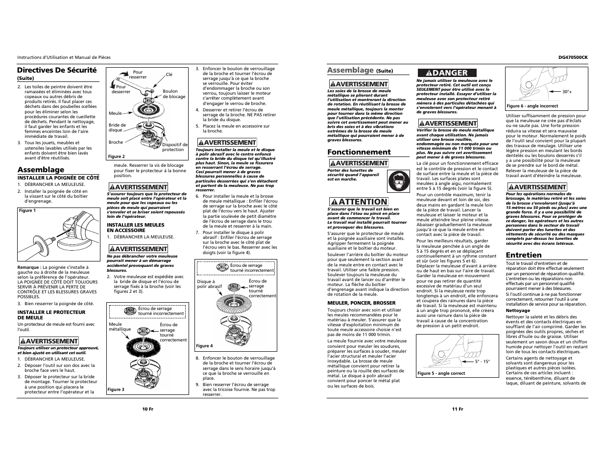 Attention, Danger, Fonctionnement | Entretien, Assemblage, Directives de sécurité | Campbell Hausfeld DG470500CK User Manual | Page 10 / 10