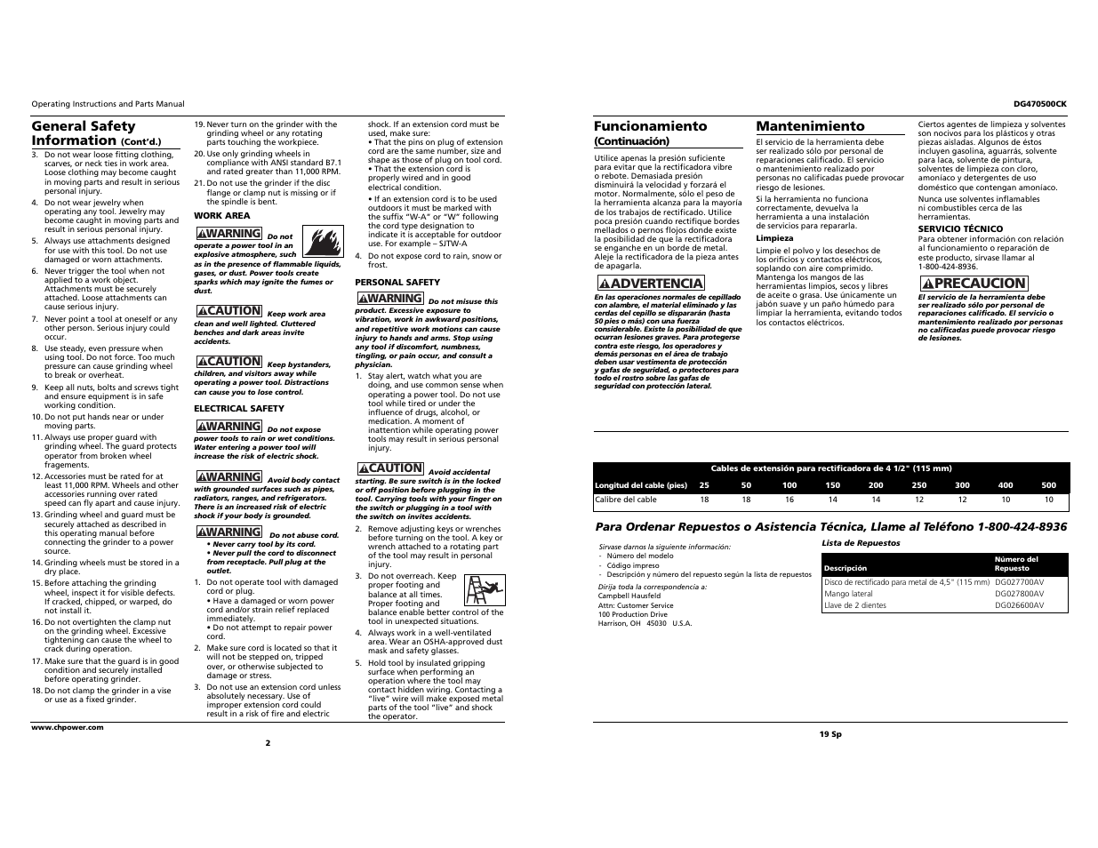 Precaucion, Advertencia mantenimiento, General safety information | Funcionamiento | Campbell Hausfeld DG470500CK User Manual | Page 2 / 10