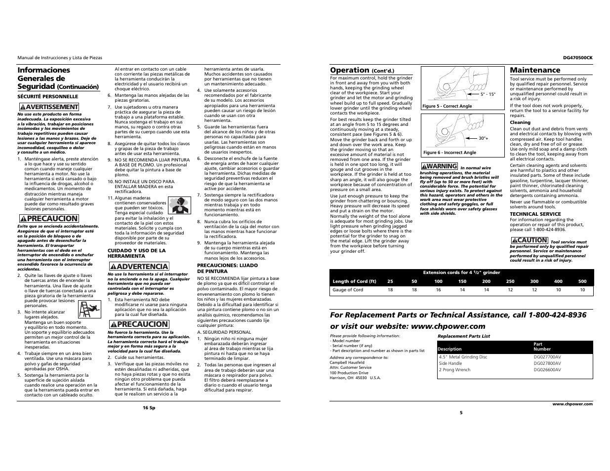 Precaucion, Advertencia, Operation | Maintenance, Informaciones generales de seguridad | Campbell Hausfeld DG470500CK User Manual | Page 5 / 10