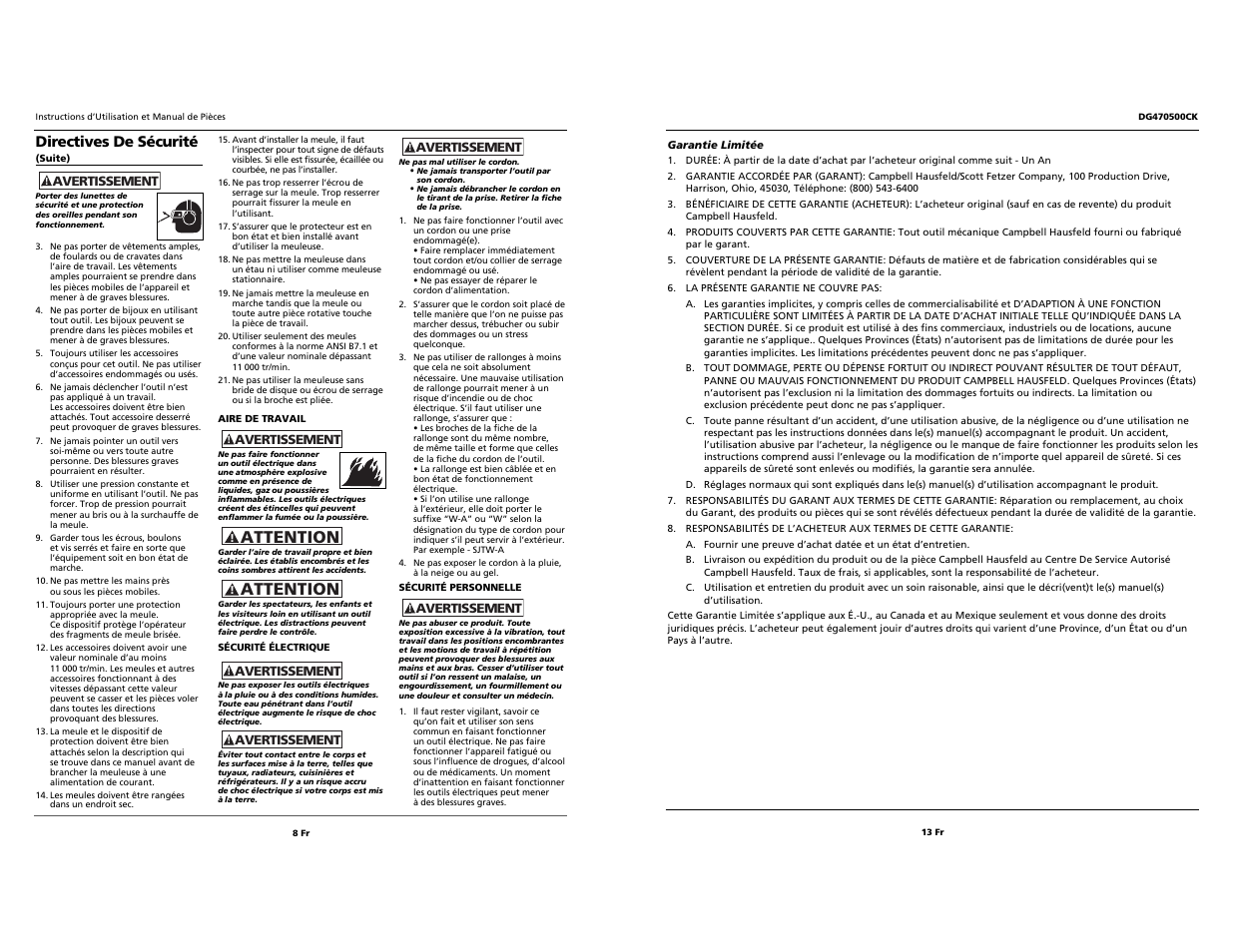 Attention, Directives de sécurité | Campbell Hausfeld DG470500CK User Manual | Page 8 / 10
