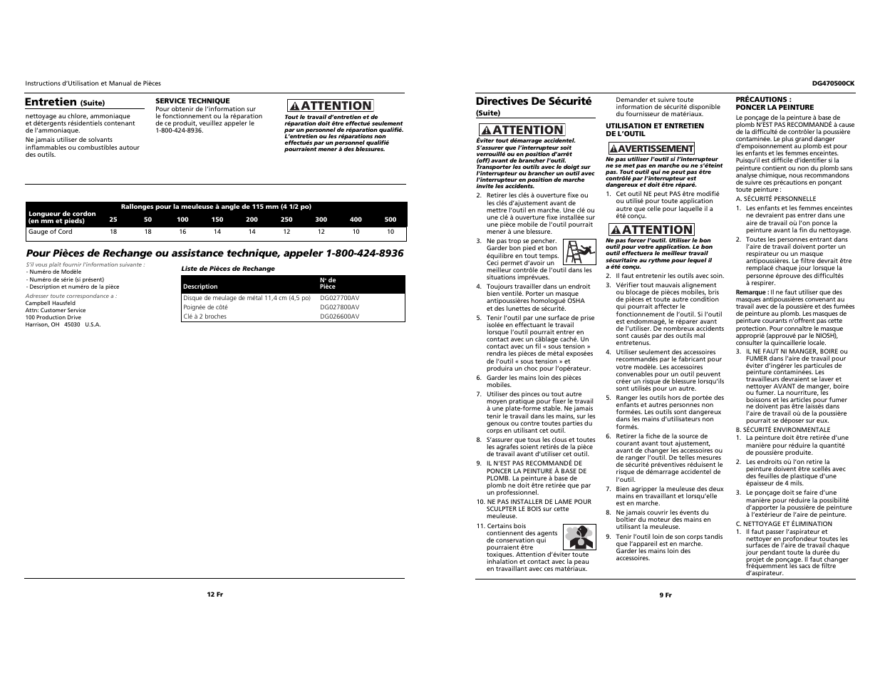 Attention, Directives de sécurité, Entretien | Campbell Hausfeld DG470500CK User Manual | Page 9 / 10