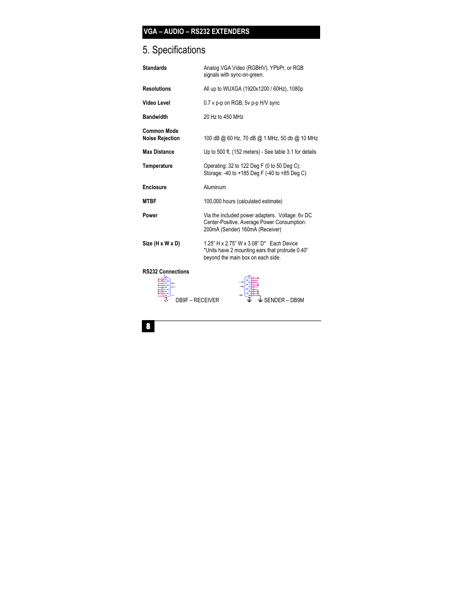 Specifications, 8 vga – audio – rs232 extenders | Hall Research UV232B-S User Manual | Page 10 / 12