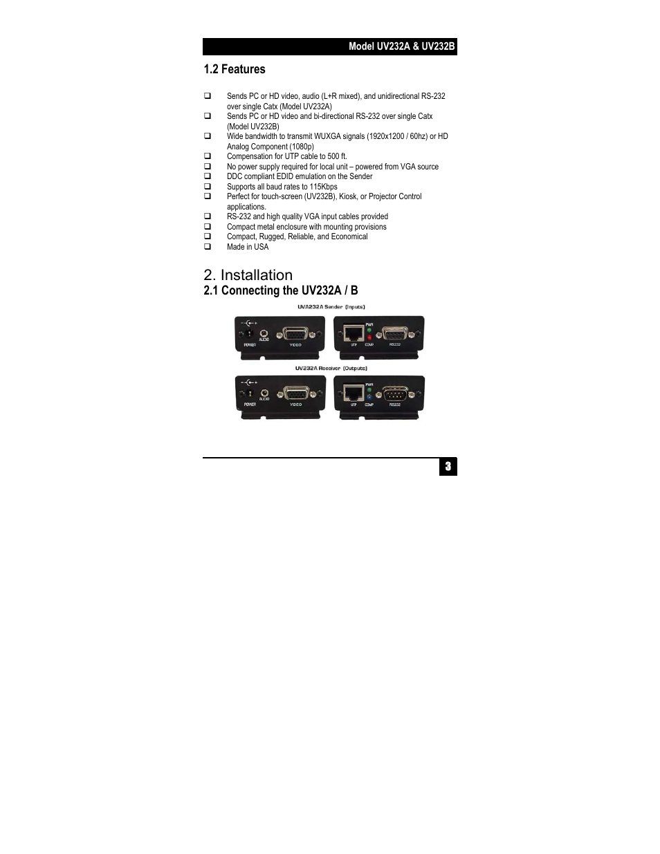 Installation, 2 features, 1 connecting the uv232a / b | Hall Research UV232B-S User Manual | Page 5 / 12