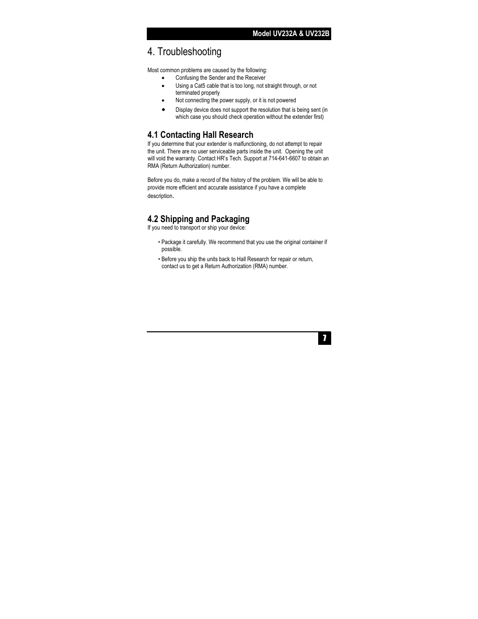 Troubleshooting, 1 contacting hall research, 2 shipping and packaging | Hall Research UV232B-S User Manual | Page 9 / 12