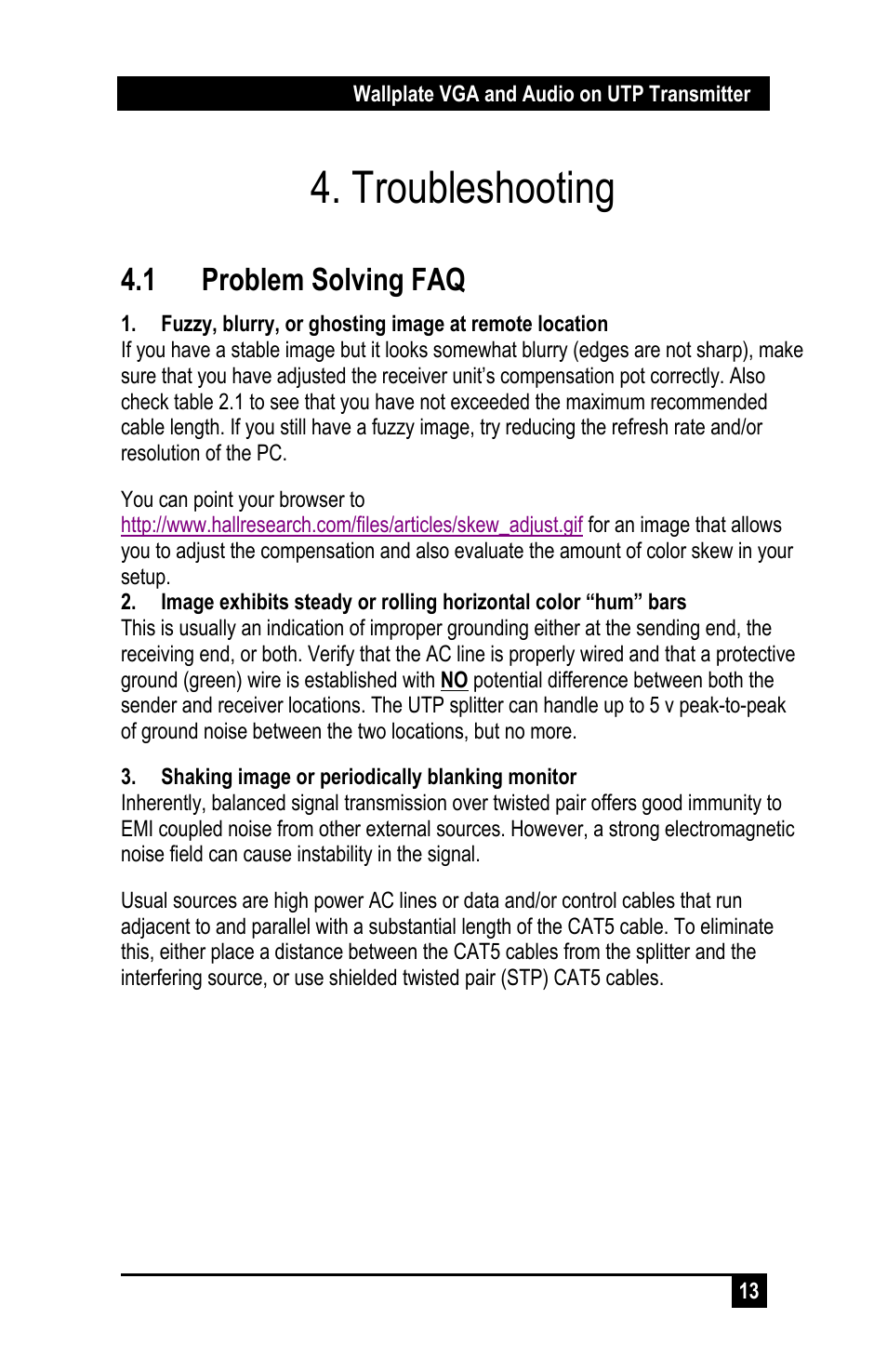 Troubleshooting, 1 problem solving faq | Hall Research UVA-WP User Manual | Page 15 / 20