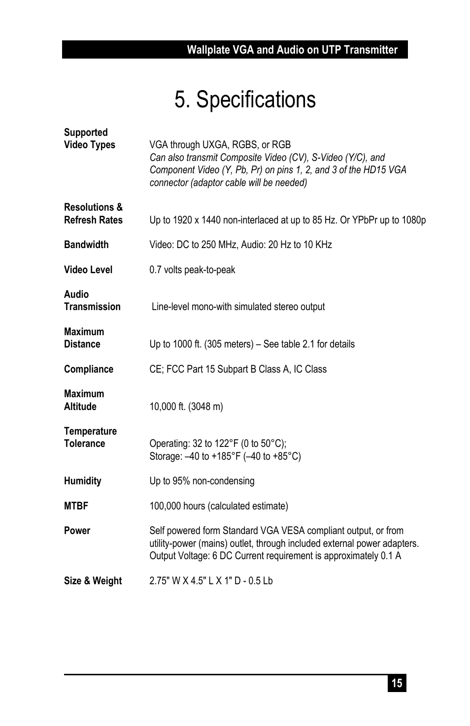 Specifications | Hall Research UVA-WP User Manual | Page 17 / 20