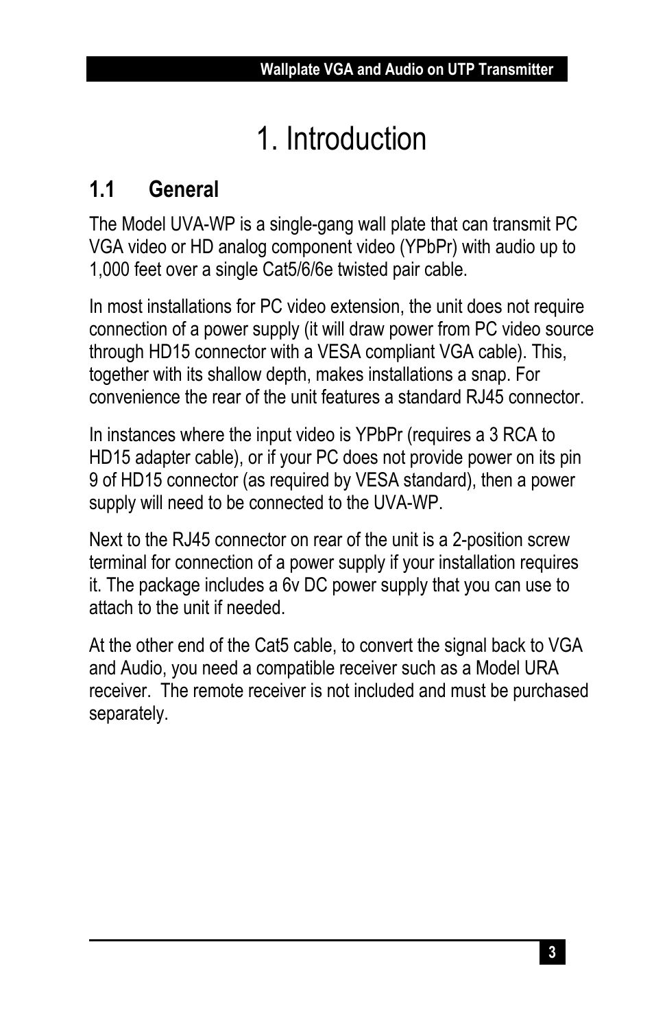 Introduction, 1 general | Hall Research UVA-WP User Manual | Page 5 / 20