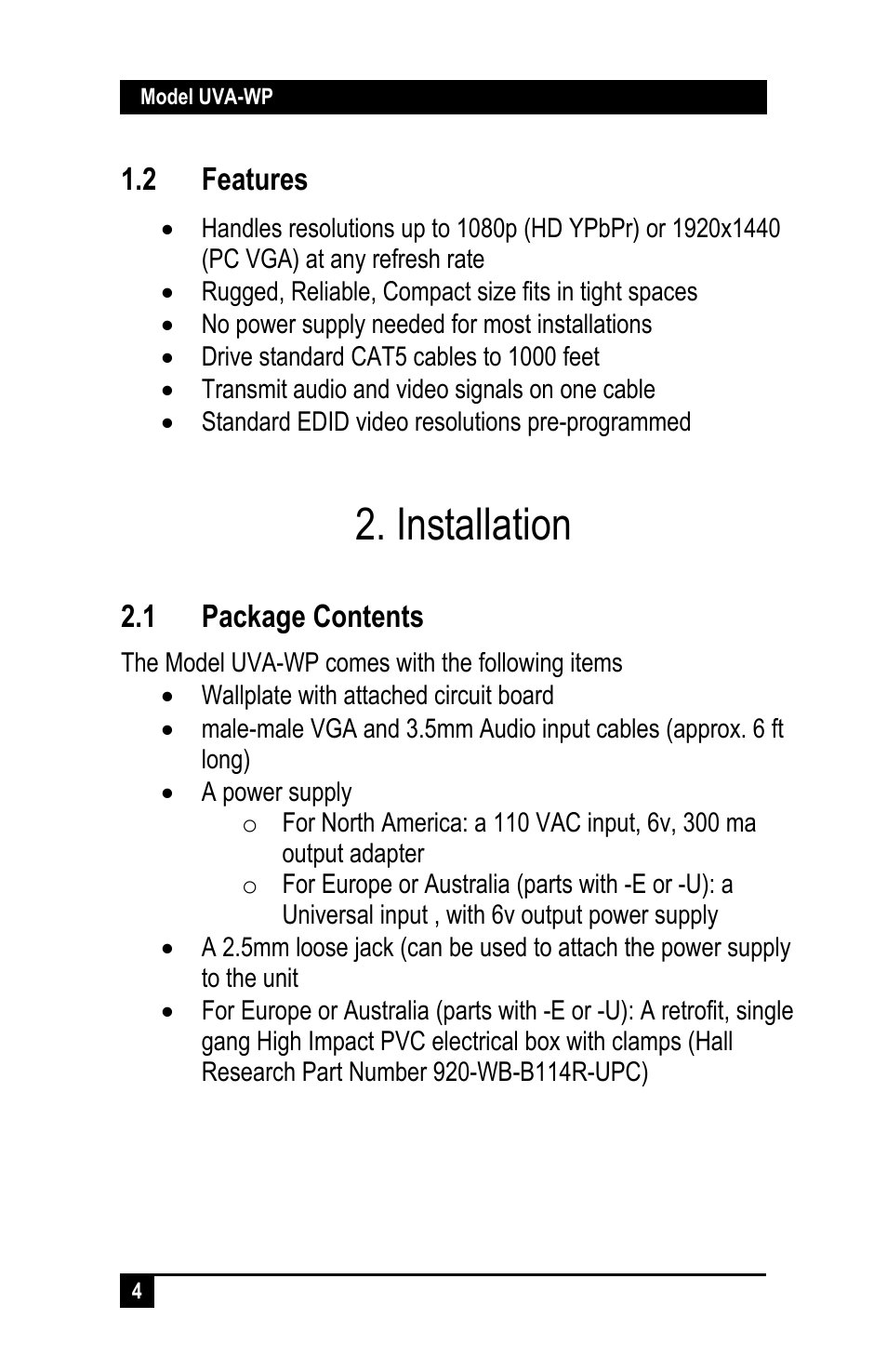Installation, 2 features, 1 package contents | Hall Research UVA-WP User Manual | Page 6 / 20