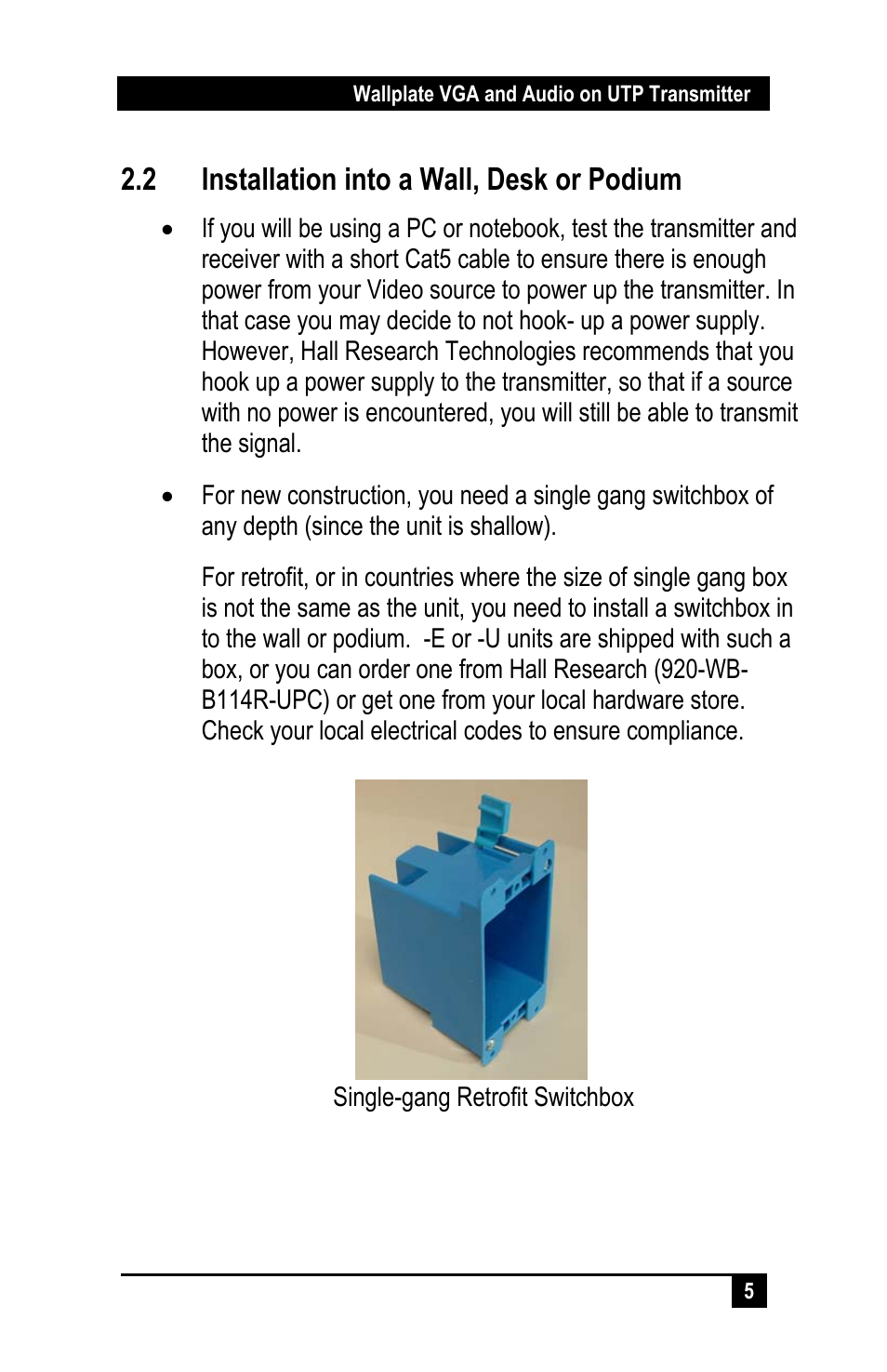 2 installation into a wall, desk or podium | Hall Research UVA-WP User Manual | Page 7 / 20