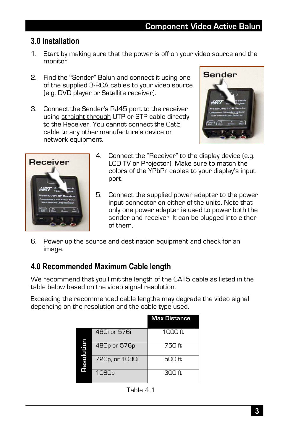 Component video active balun 3 3.0 installation, 0 recommended maximum cable length | Hall Research UVB1-CP-S User Manual | Page 3 / 4