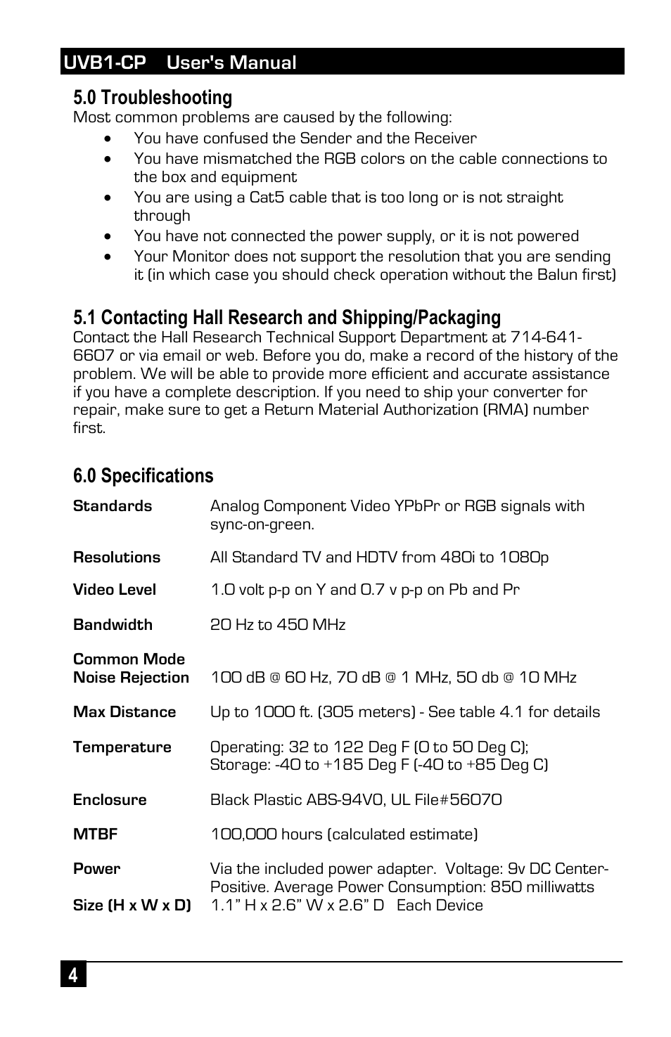 Uvb1-cp user's manual 4 5.0 troubleshooting, 1 contacting hall research and shipping/packaging, 0 specifications | Hall Research UVB1-CP-S User Manual | Page 4 / 4